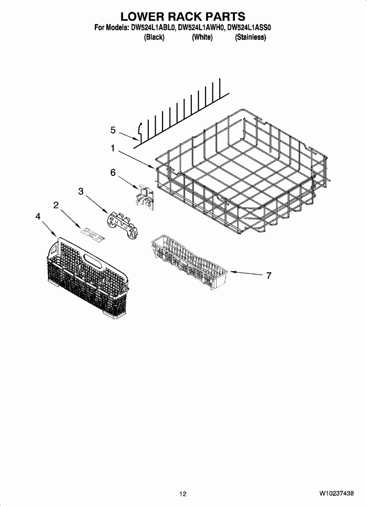LOWER RACK PARTS Diagram and Parts List for DW524L1ABL0  Whirlpool Dishwasher