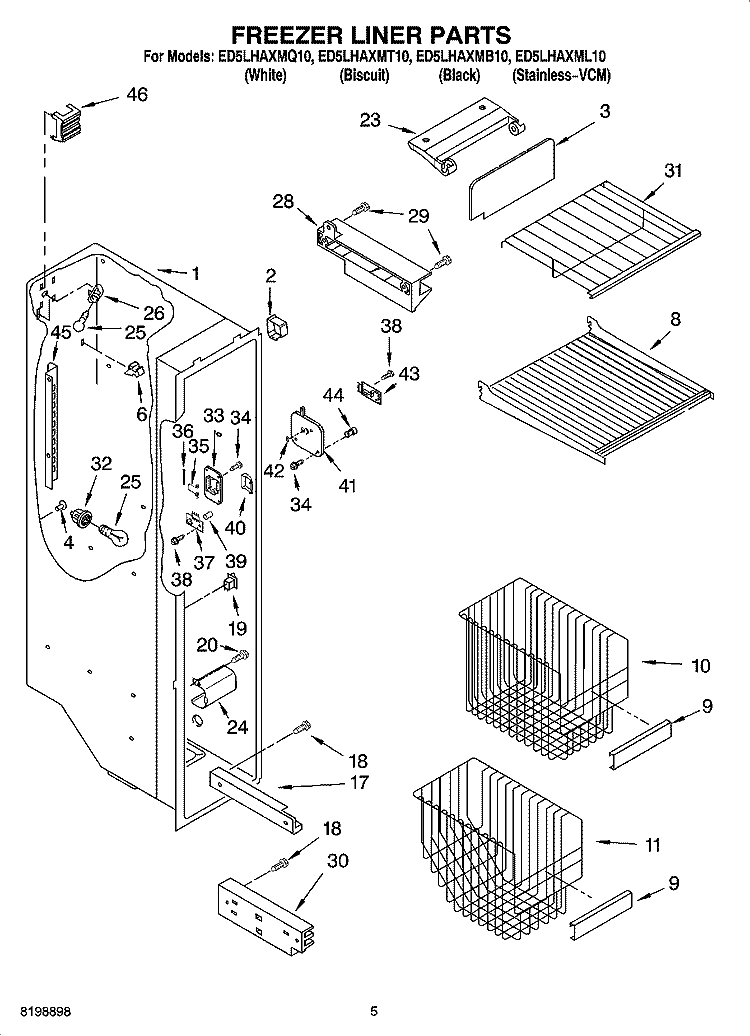 FREEZER LINER PARTS Diagram and Parts List for ED5LHAXMB10  Whirlpool Refrigerator
