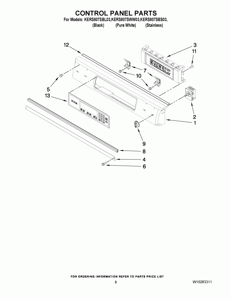 CONTROL PANEL PARTS Diagram and Parts List for KERS807SBS03  KitchenAid Range