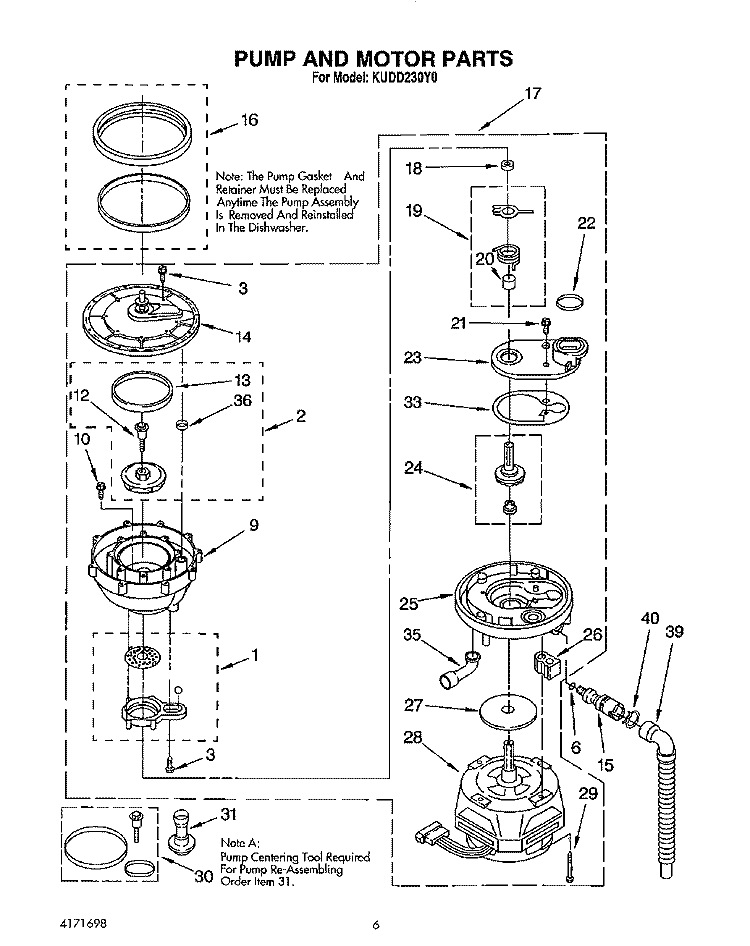 PUMP AND MOTOR Diagram and Parts List for KUDD230Y0  KitchenAid Dishwasher