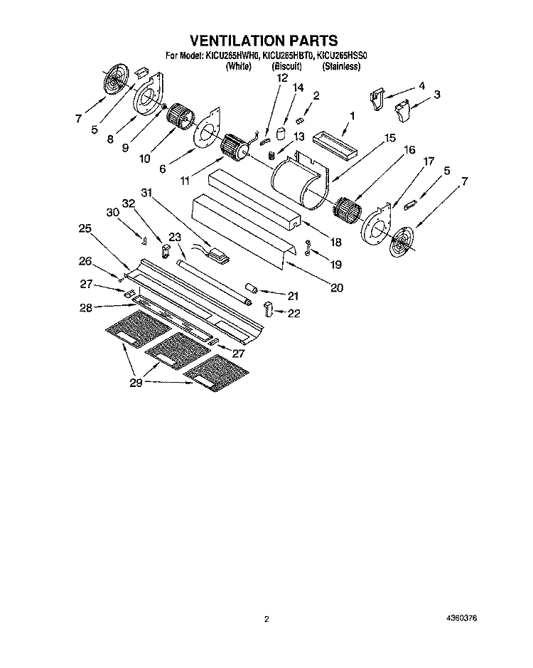 SECTION Diagram and Parts List for KICU265HWH0  KitchenAid Range Hood