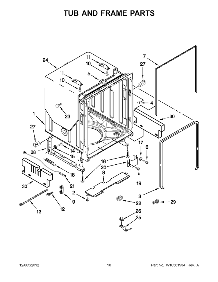 TUB AND FRAME PARTS Diagram and Parts List for KUDE70FXPA5  KitchenAid Dishwasher