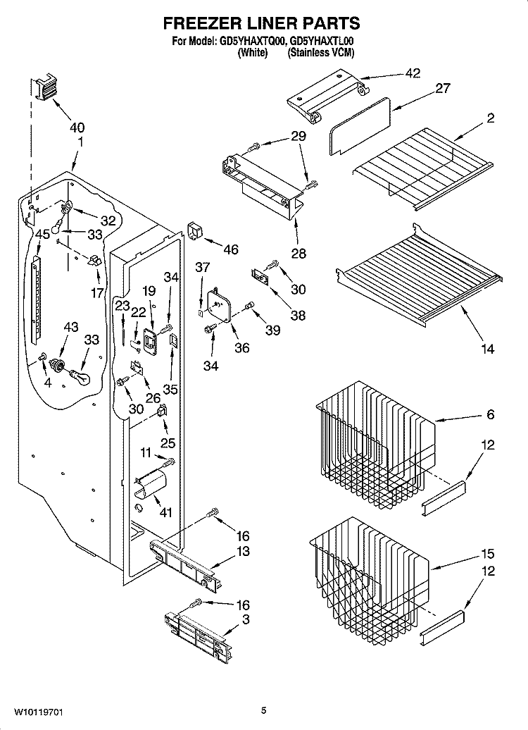 FREEZER LINER PARTS Diagram and Parts List for GD5YHAXTL00  Whirlpool Refrigerator