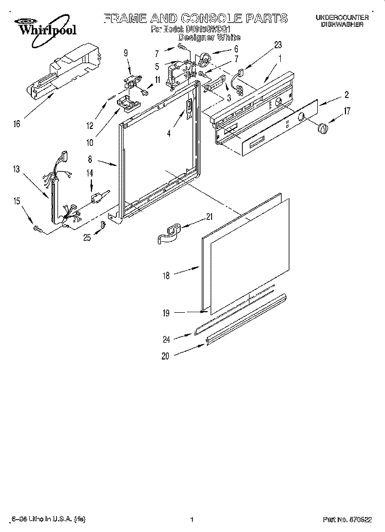 FRAME AND CONSOLE Diagram and Parts List for DU915QWDQ1  Whirlpool Dishwasher