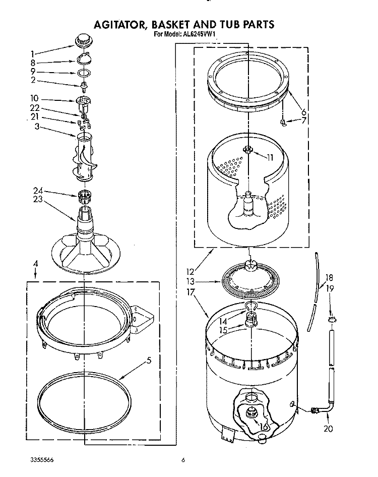 AGITATOR, BASKET AND TUB Diagram and Parts List for AL6245VW1  Whirlpool Washer