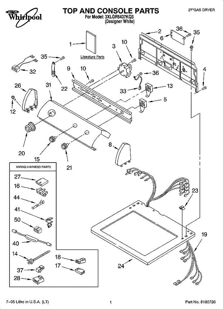 TOP AND CONSOLE PARTS Diagram and Parts List for 3XLGR5437KQ3  Whirlpool Dryer