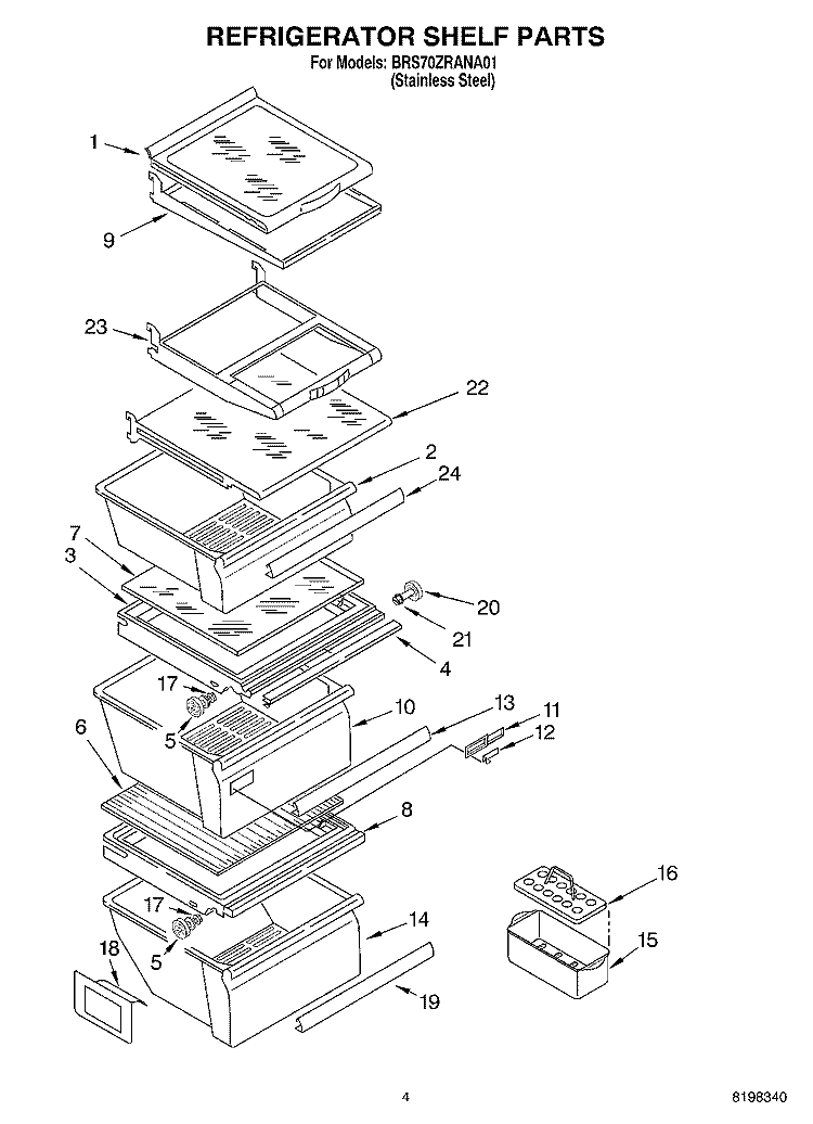 REFRIGERATOR SHELF PARTS Diagram and Parts List for BRS70ZRANA01  Whirlpool Refrigerator