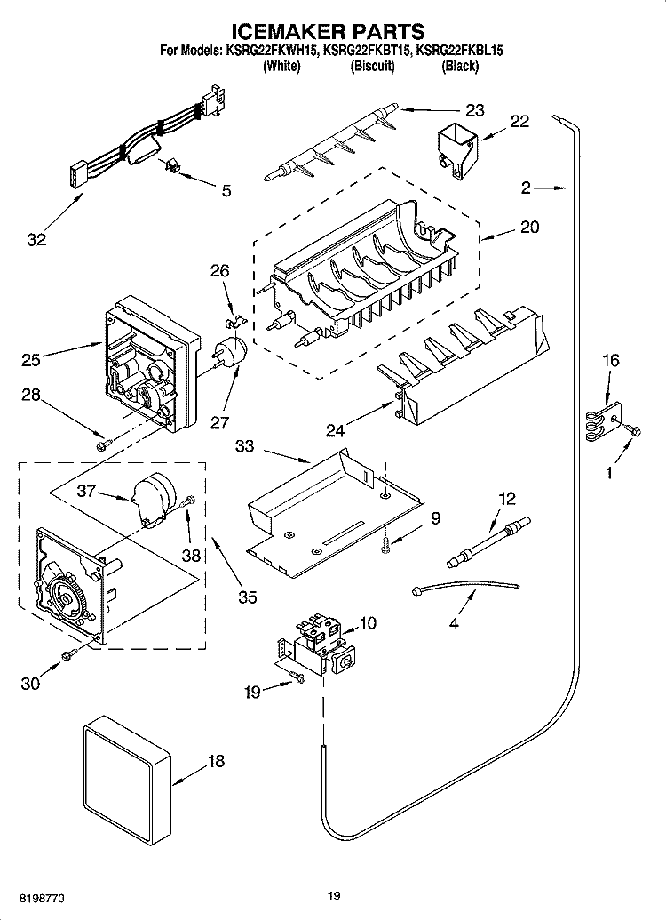 ICEMAKER PARTS Diagram and Parts List for KSRG22FKBL15  KitchenAid Refrigerator