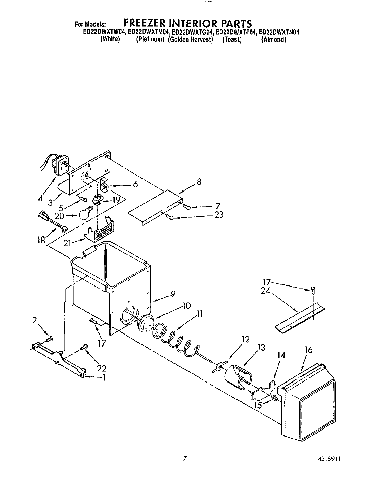 FREEZER INTERIOR Diagram and Parts List for ED22DWXTG04  Whirlpool Refrigerator