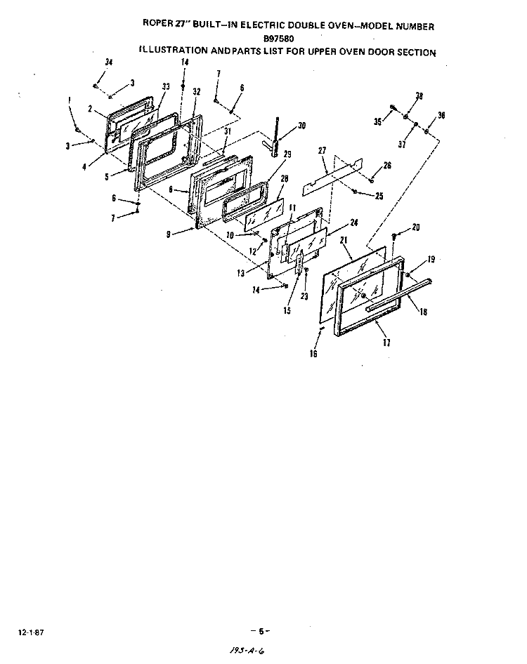 UPPER OVEN DOOR Diagram and Parts List for B9758B0  Roper Wall Oven