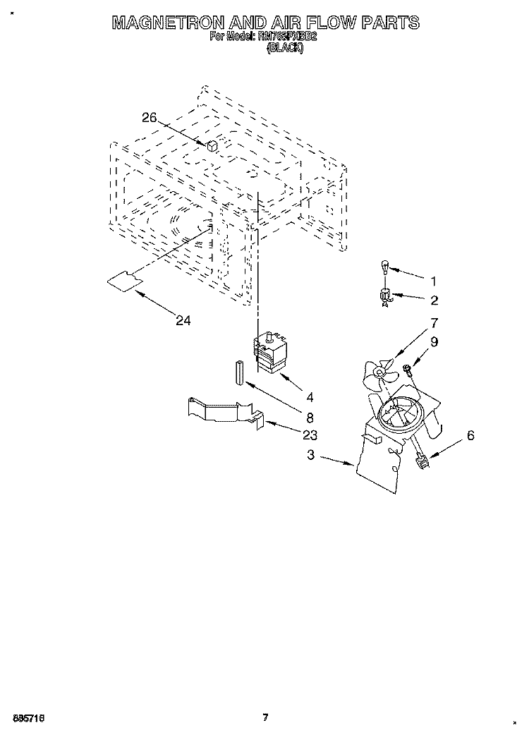 MAGNETRON AND AIR FLOW, OPTIONAL Diagram and Parts List for RM765PXBB2  Whirlpool Wall Oven