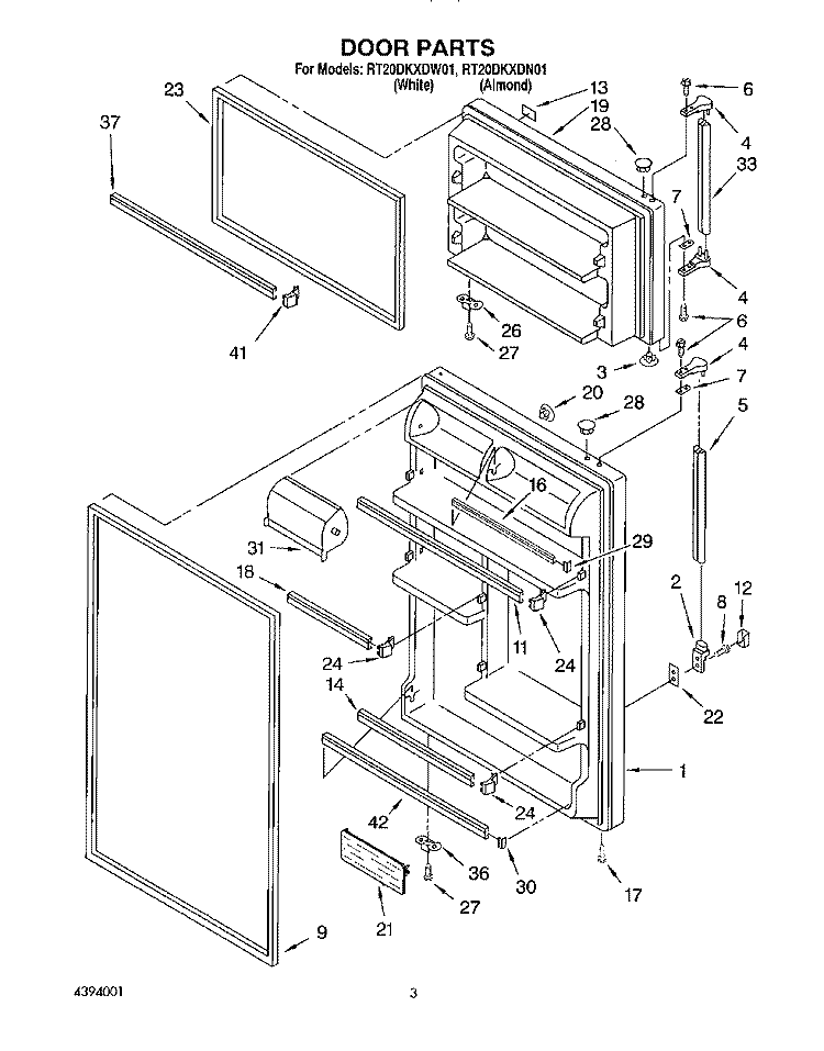 DOOR Diagram and Parts List for RT20DKXDN01  Roper Refrigerator