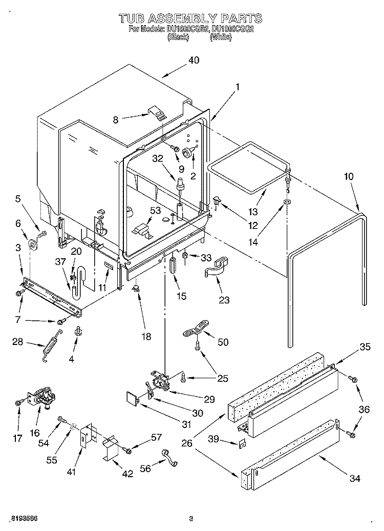 TUB ASSEMBLY Diagram and Parts List for DU1000CGB2  Whirlpool Dishwasher