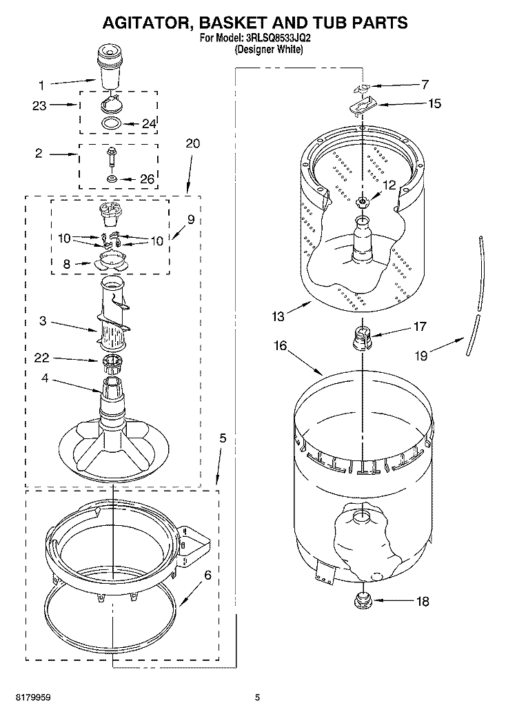 AGITATOR, BASKET AND TUB PARTS Diagram and Parts List for 3RLSQ8533JQ2  Whirlpool Washer