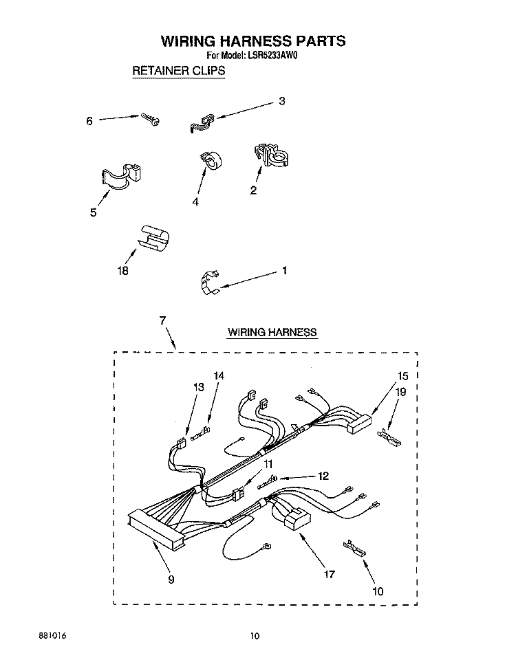 WIRING HARNESS Diagram and Parts List for LSR5233AN0  Whirlpool Washer