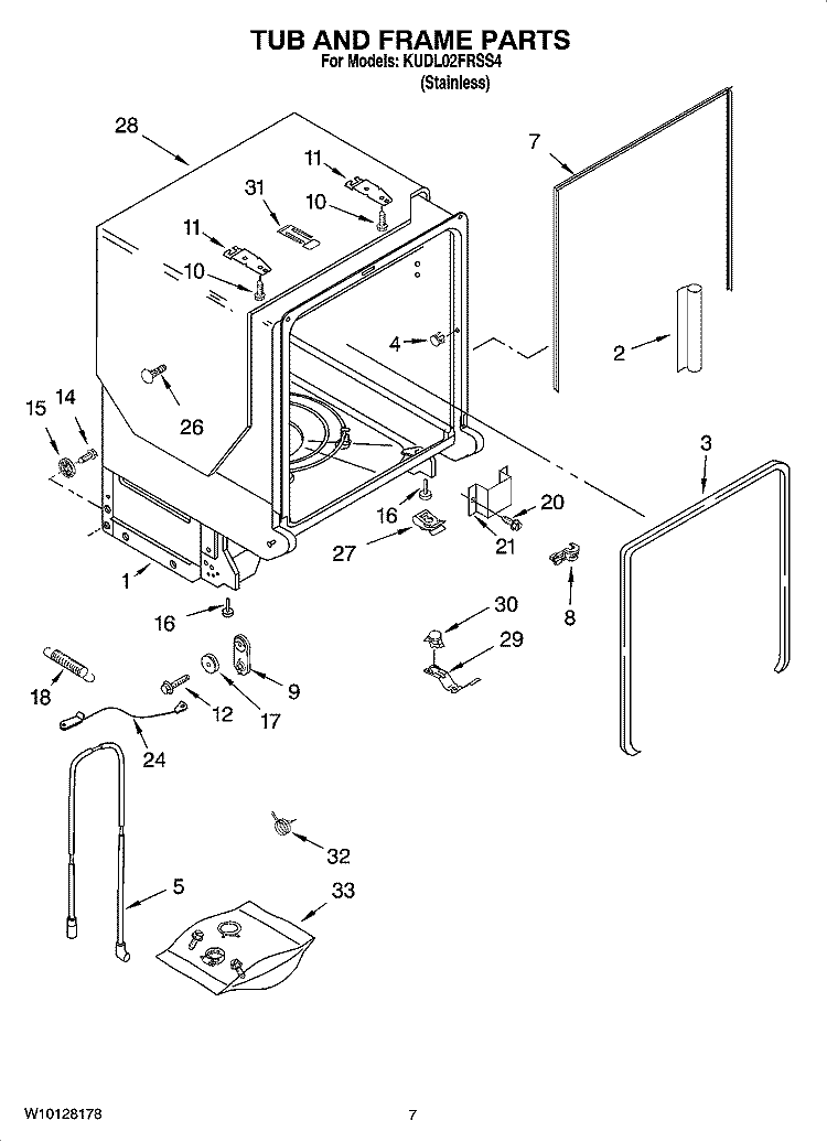 TUB AND FRAME PARTS Diagram and Parts List for KUDL02FRSS4  KitchenAid Dishwasher