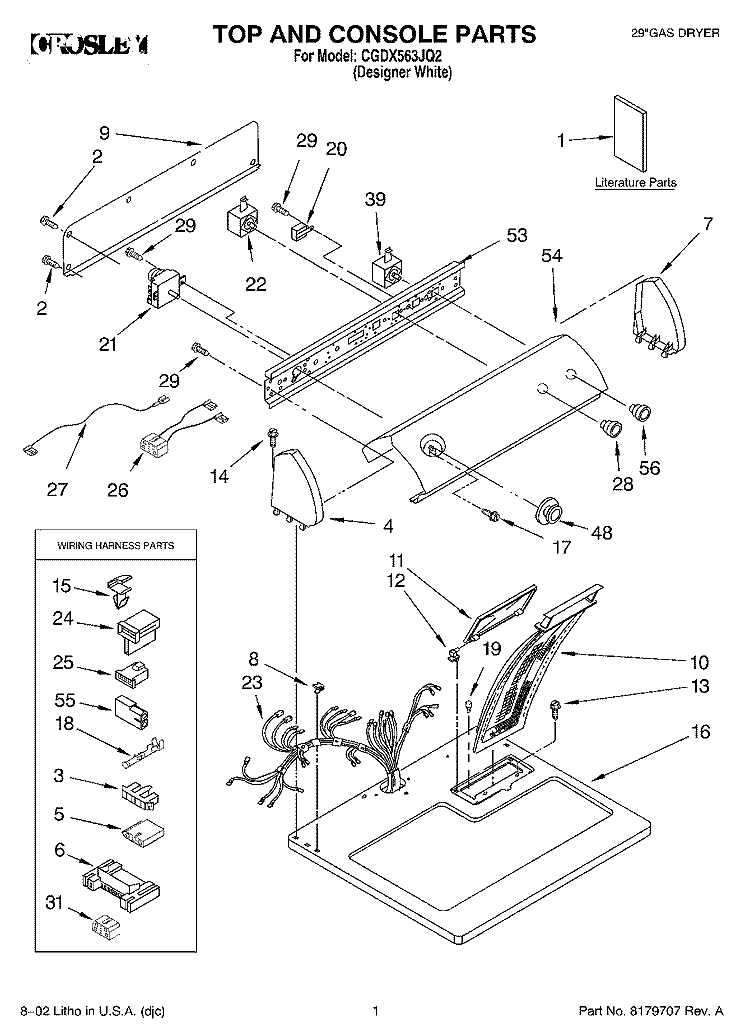 TOP AND CONSOLE, LITERATURE Diagram and Parts List for CGDX563JQ2  Crosley Dryer