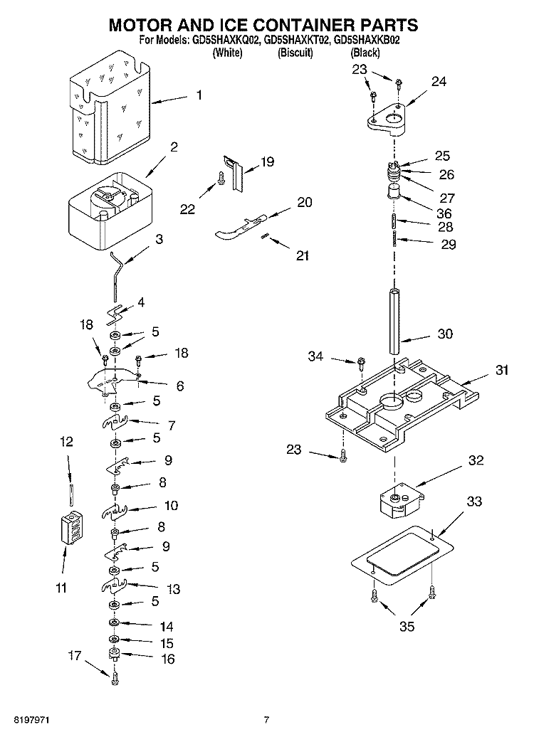 MOTOR AND ICE CONTAINER Diagram and Parts List for GD5SHAXKT02  Whirlpool Refrigerator