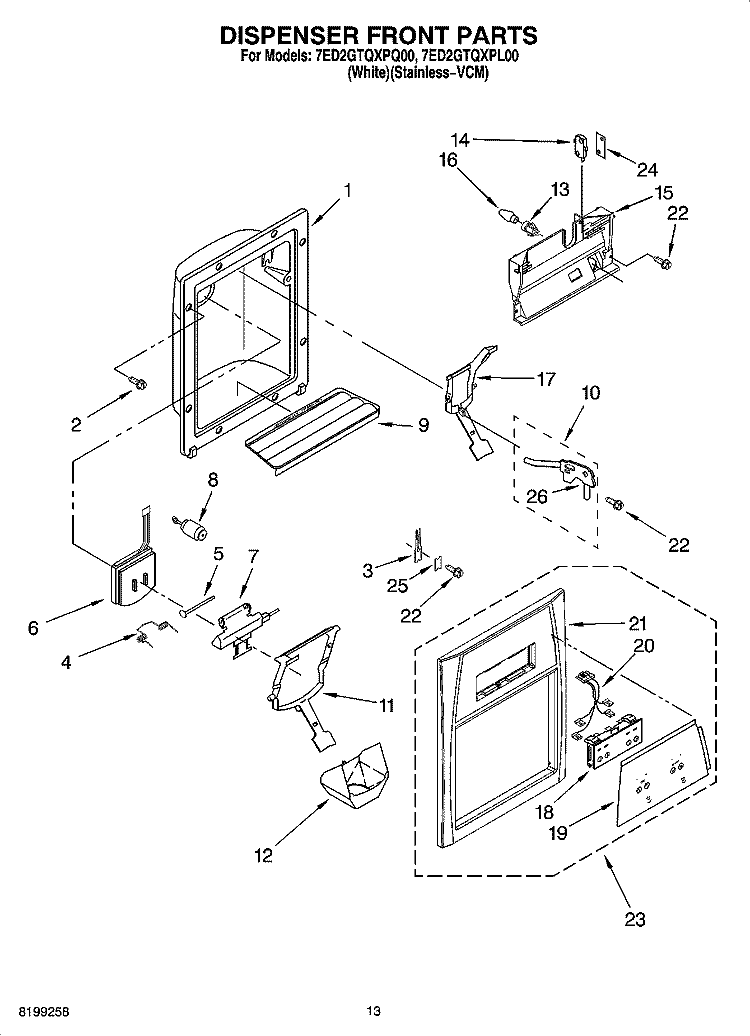 DISPENSER FRONT PARTS Diagram and Parts List for 7ED2GTQXPL00  Whirlpool Refrigerator