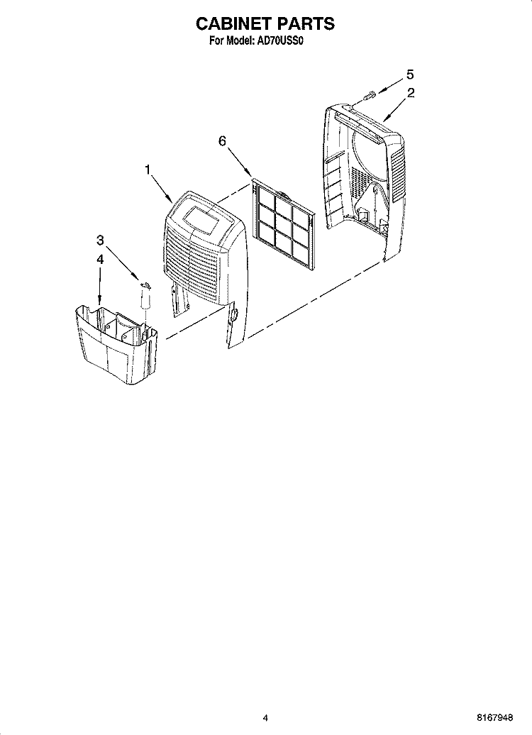 CABINET PARTS Diagram and Parts List for AD70USS0  Whirlpool Dehumidifier