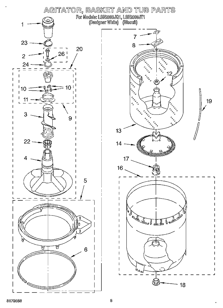 AGITATOR, BASKET AND TUB Diagram and Parts List for LSN2000JT1  Whirlpool Washer