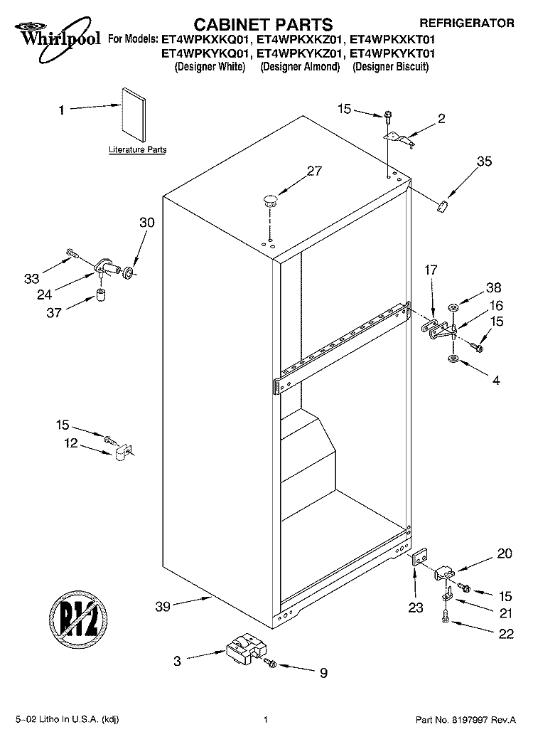 CABINET, LITERATURE Diagram and Parts List for ET4WPKYKT01  Whirlpool Refrigerator