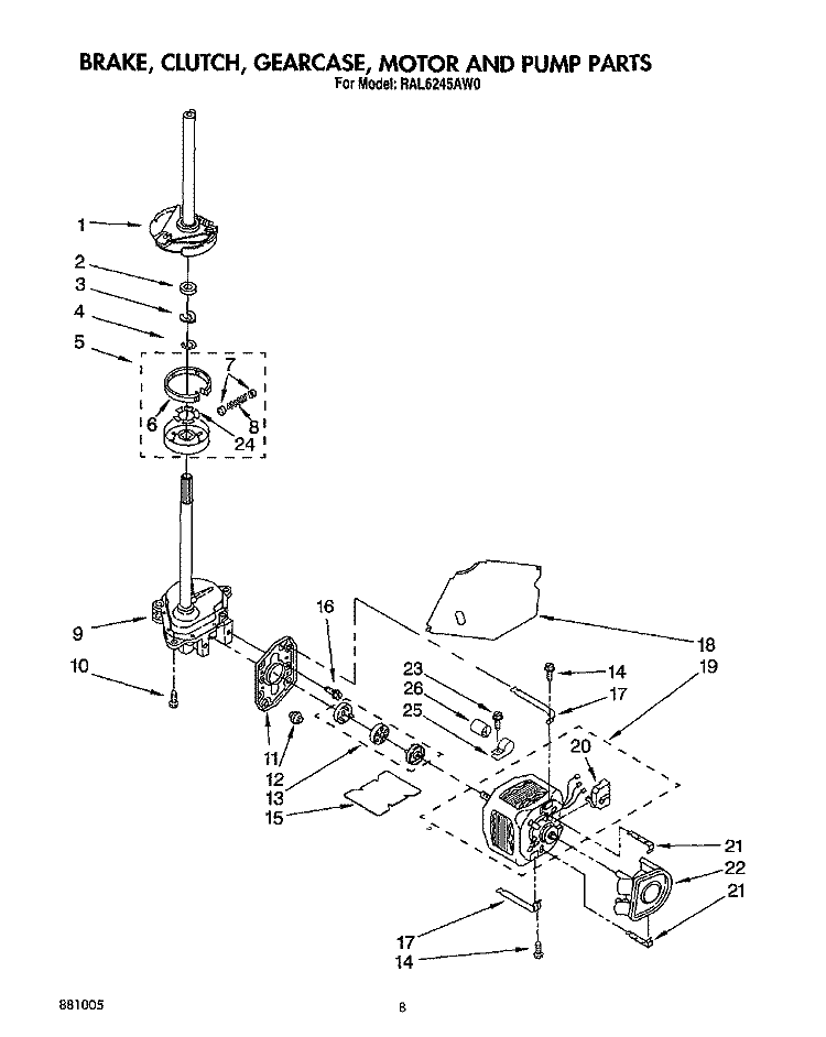 BRAKE, CLUTCH, GEARCASE, MOTOR AND PUMP Diagram and Parts List for RAL6245AG0  Whirlpool Washer