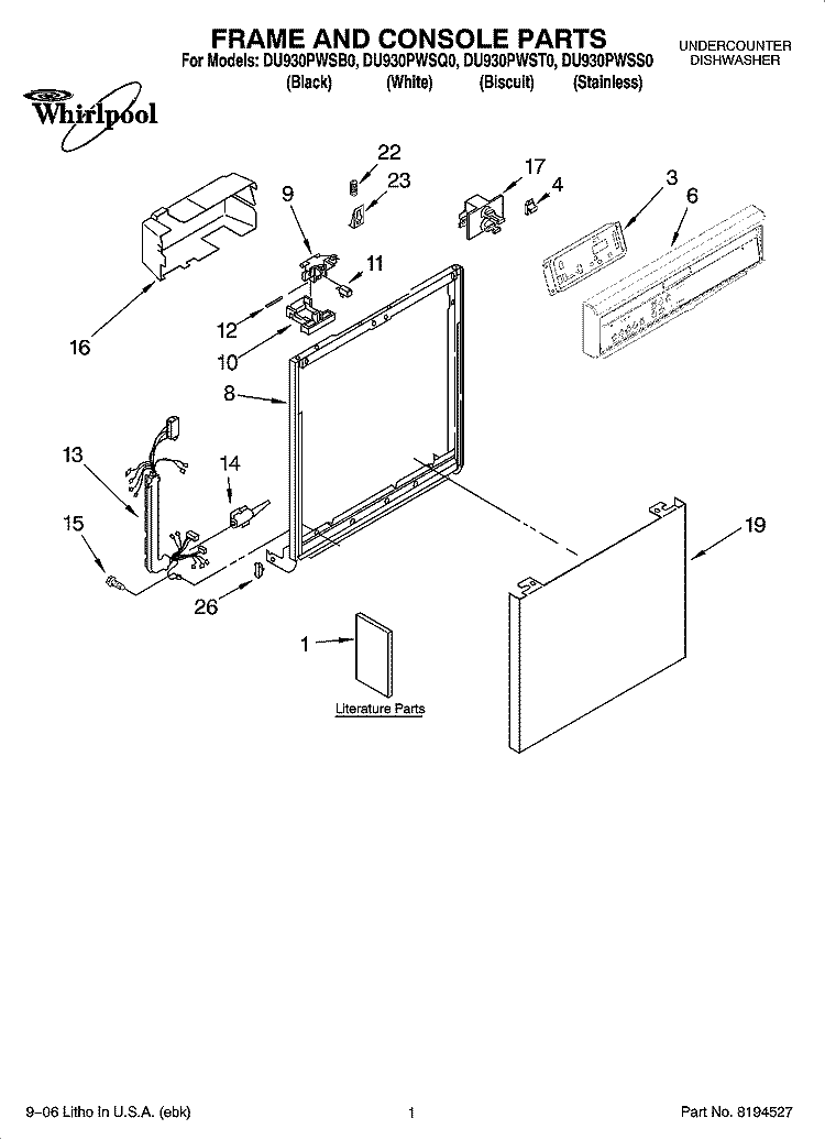FRAME AND CONSOLE PARTS Diagram and Parts List for DU930PWSS0  Whirlpool Dishwasher