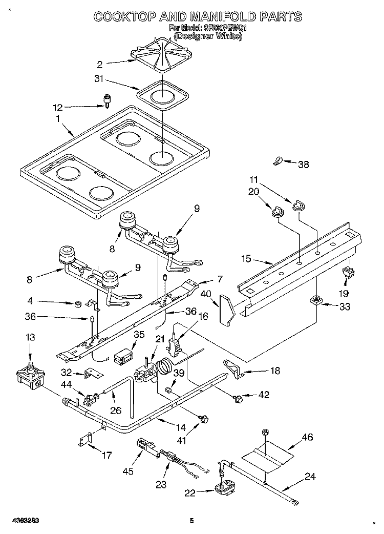 COOKTOP AND MANIFOLD, LITERATURE Diagram and Parts List for SF330PEWQ1  Whirlpool Range