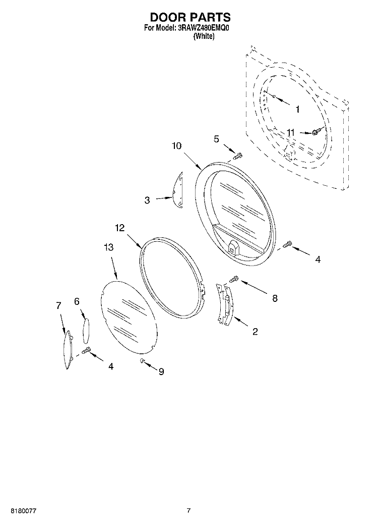 DOOR PARTS Diagram and Parts List for 3RAWZ480EMQ0  Whirlpool Dryer