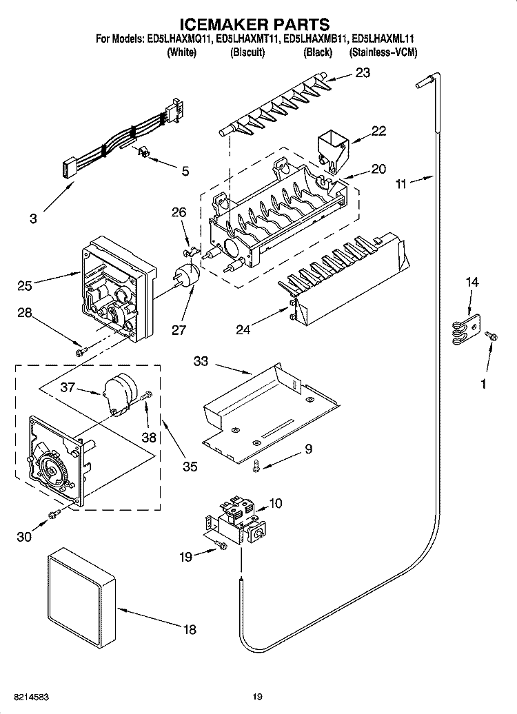 ICEMAKER PARTS, OPTIONAL PARTS Diagram and Parts List for ED5LHAXML11  Whirlpool Refrigerator