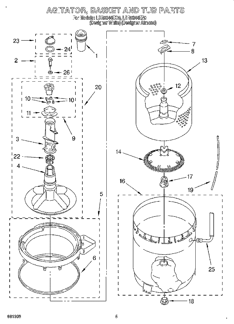AGITATOR, BASKET AND TUB Diagram and Parts List for LSR8244EQ0  Whirlpool Washer