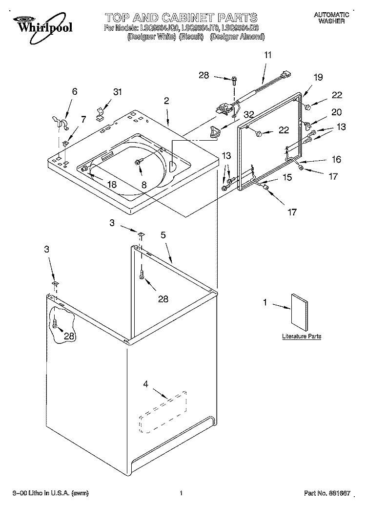 TOP AND CABINET, LITERATURE Diagram and Parts List for LSQ9564JQ0  Whirlpool Washer
