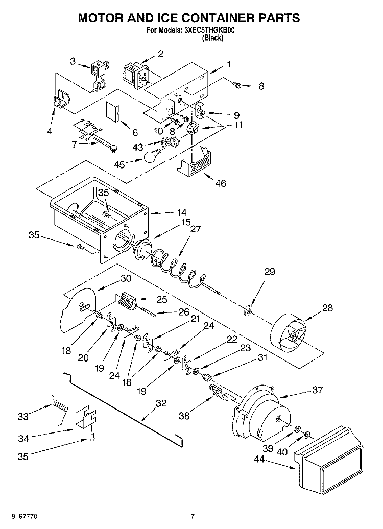 MOTOR AND ICE CONTAINER Diagram and Parts List for 3XEC5THGKB00  Whirlpool Refrigerator
