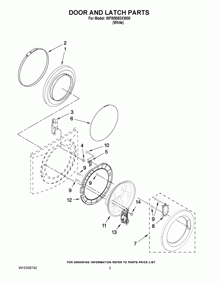 DOOR AND LATCH PARTS Diagram and Parts List for WFW9050XW00  Whirlpool Washer