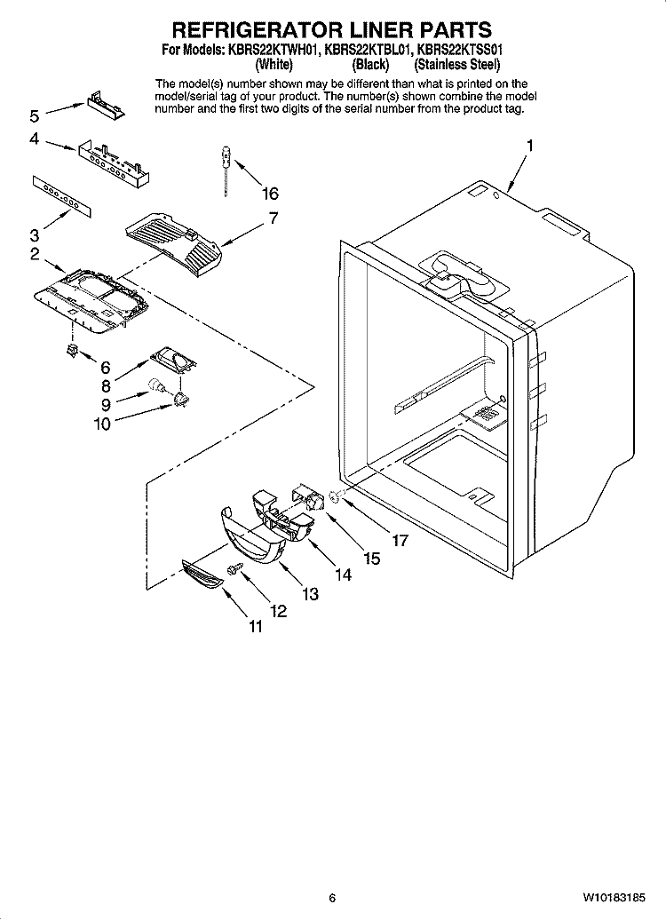 REFRIGERATOR LINER PARTS Diagram and Parts List for KBRS22KTSS01  KitchenAid Refrigerator