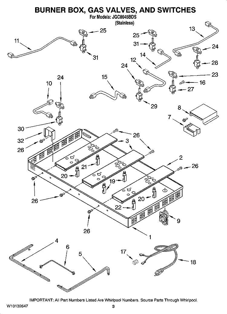 BURNER BOX, GAS VALVES, AND SWITCHES, OPTIONAL PARTS (NOT INCLUDED) Diagram and Parts List for JGC8645BDS  Jenn-Air Cooktop
