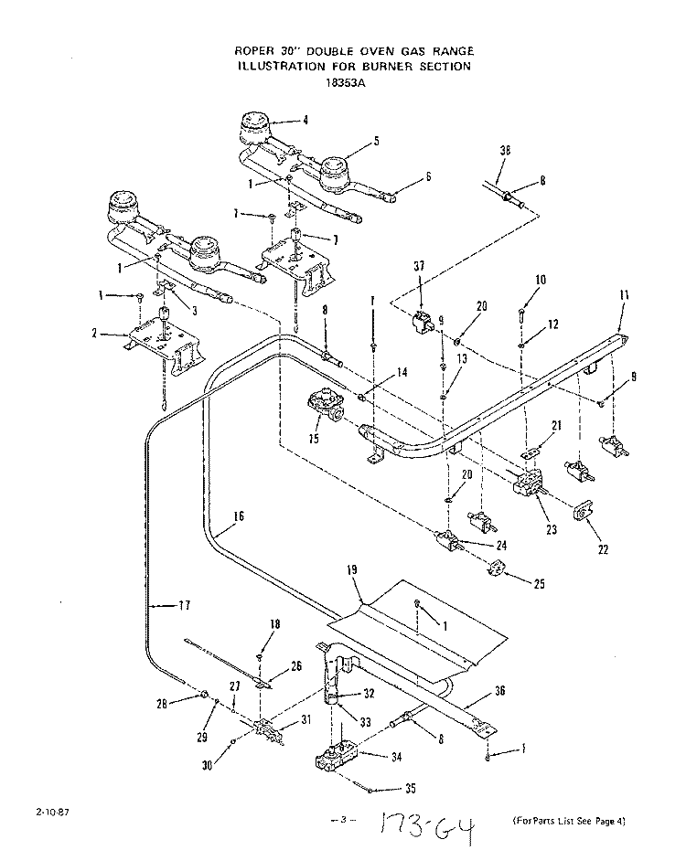 BURNER SECTION Diagram and Parts List for 1835^3A  Whirlpool Range