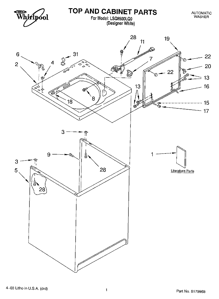 TOP AND CABINET PARTS Diagram and Parts List for LSQ8500LQ0  Whirlpool Washer
