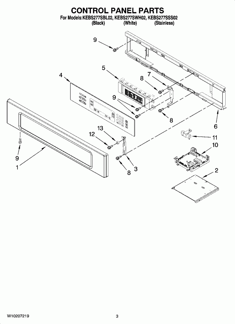 CONTROL PANEL PARTS Diagram and Parts List for KEBS277SBL02  KitchenAid Wall Oven