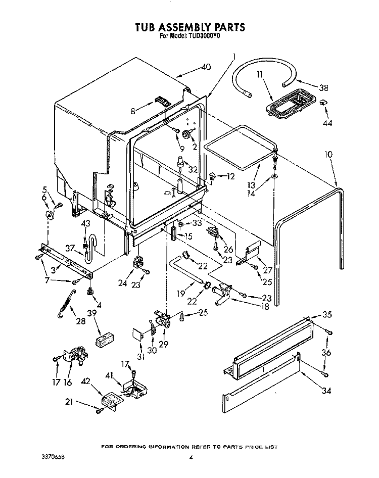 TUB ASSEMBLY Diagram and Parts List for TUD3000Y0  Whirlpool Dishwasher