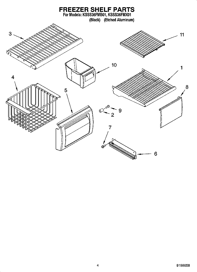 FREEZER SHELF PARTS Diagram and Parts List for KSSS36FMB01  KitchenAid Refrigerator