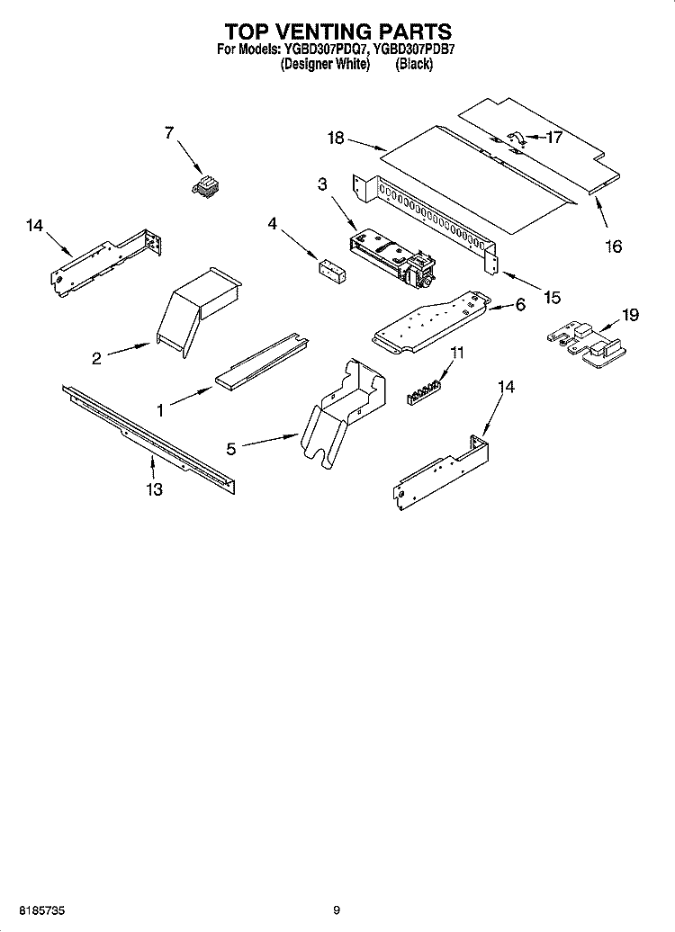 TOP VENTING PARTS, OPTIONAL PARTS Diagram and Parts List for YGBD307PDQ7  Whirlpool Wall Oven