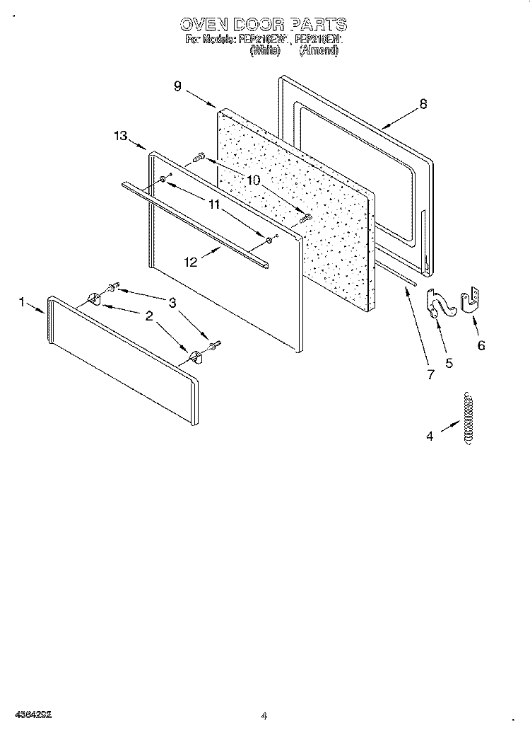 OVEN DOOR Diagram and Parts List for FEP210EN1  Roper Range