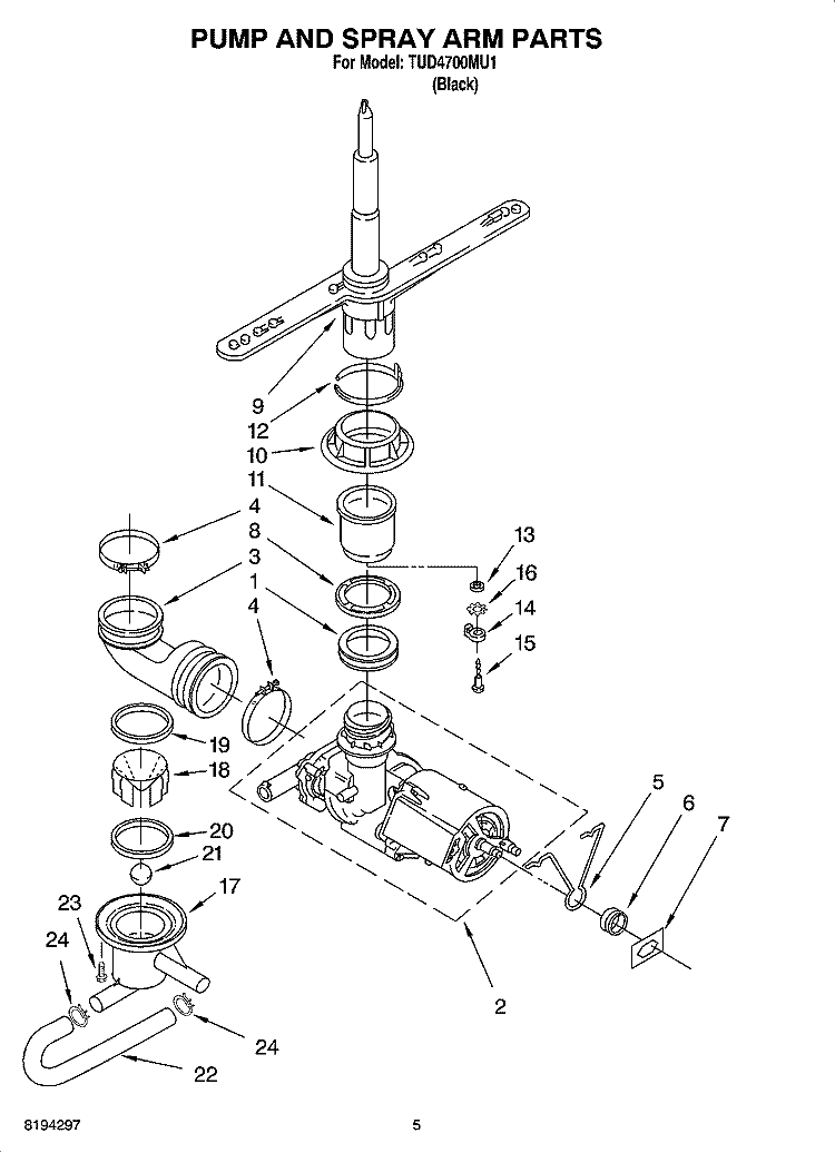 PUMP AND SPRAY ARM PARTS Diagram and Parts List for TUD4700MU1  Estate Dishwasher