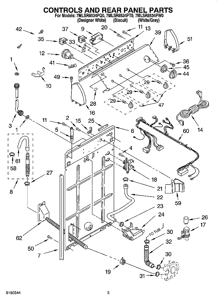 CONTROLS AND REAR PANEL PARTS Diagram and Parts List for 7MLSR8534PT0  Whirlpool Washer