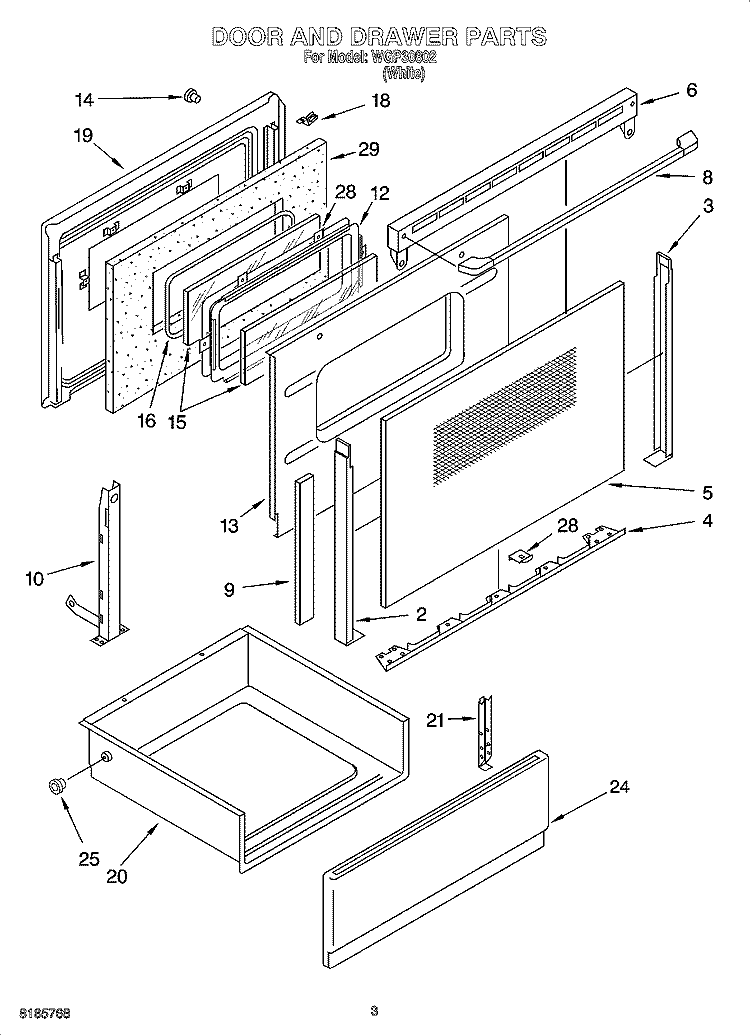 DOOR AND DRAWER PARTS Diagram and Parts List for WGP30802  Whirlpool Range