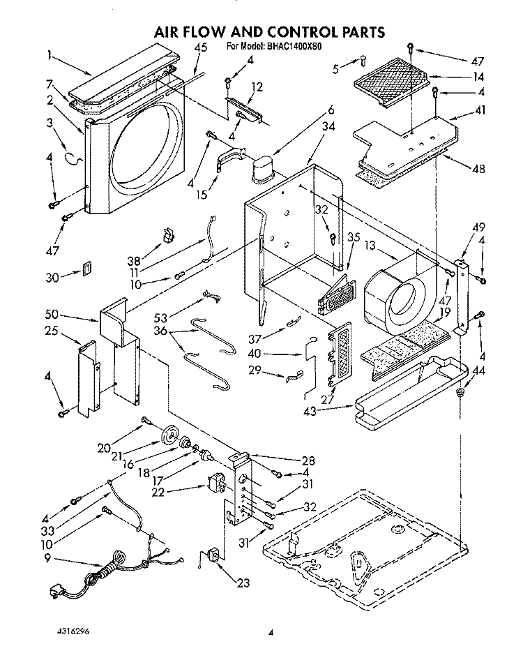 AIR FLOW AND CONTROL Diagram and Parts List for BHAC1400XS0  Whirlpool Air Conditioner
