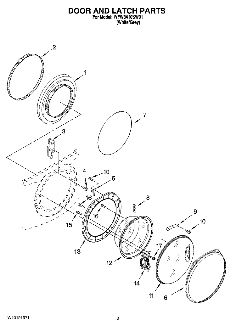 DOOR AND LATCH PARTS Diagram and Parts List for WFW8410SW01  Whirlpool Washer