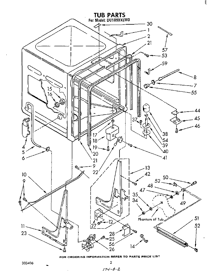 TUB , LITERATURE AND OPTIONAL Diagram and Parts List for DU1098XLW0  Whirlpool Dishwasher